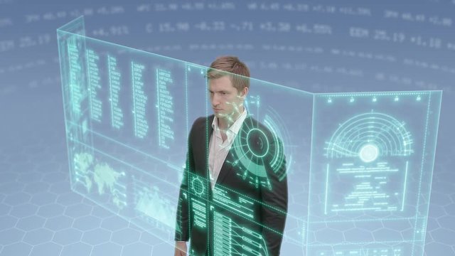 Animation of young white male businessman using futuristic touchscreen device to access and analyze financial data