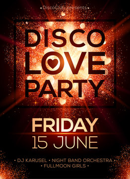 Disco LOVE party poster vector template with shining lights and hearts on dark background