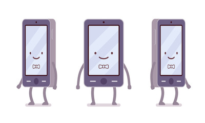 Smiling boy smartphone from different sides with legs and hands isolated against white background. Cartoon vector flat-style illustration