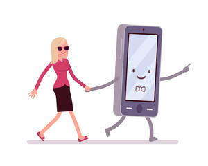 Smartphone and woman are walking hand in hand. Cartoon vector flat-style illustration
