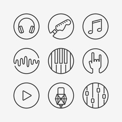 Collection of vector music or recording studio icons. Vector illustration of musical elements - guitar, horns, notes, mixer, piano, microphone, headphones, sound wave, equalizer