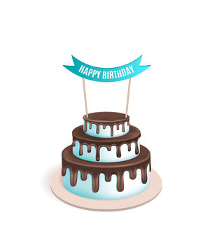 Birthday realistic 3d vector cake. Illustration for poster or birthday postcard. Melting chocolate icing