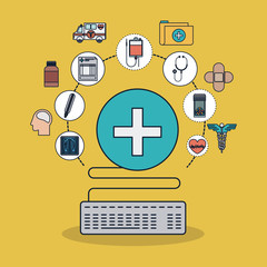 Cross shape and icon set. Medical and health care theme. Colorful design. Vector illustration