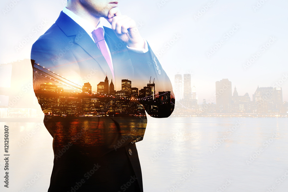 Wall mural businessperson on city background multiexposure