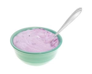 Bowl of blueberry gourmet yogurt with a spoon side view isolated on a white background.