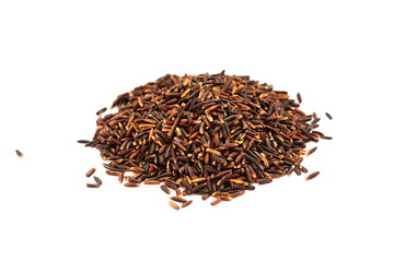 Grain black jasmine rice or Thai name is Hom Nil rice on white b