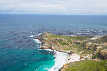 Fototapeta na wymiar Cape of Good Hope and Dias Beach, viewed from Cape Point, among the most scenic travel destination in South Africa. Table Mountain National Park, Cape Peninsula.