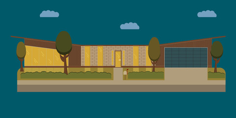 Vector a flat country house with trees. The flat picture with the image of the house with the garage and trees.suburban house.country house. country cottage 