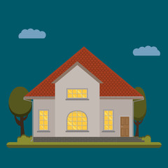 Fototapeta premium Vector a flat country house with trees. The flat picture with the image of the house with the garage and trees.suburban house.country house. country cottage 