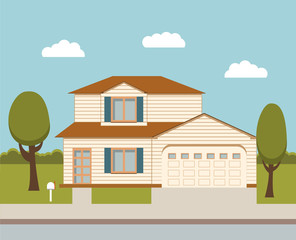   The flat picture with the image of the house with the garage and trees standing at the road.suburban  house.country house. country cottage 
