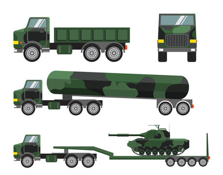 Set A Vector Of Flat Military Trucks, A Fuel Truck, The Tractor For Transportation And Delivery Of Tanks. Front View. Design Elements For The Historical Websites, Children's Goods, Toys And Games.