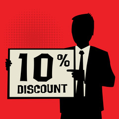 Man showing board, with text 10 percent Discount
