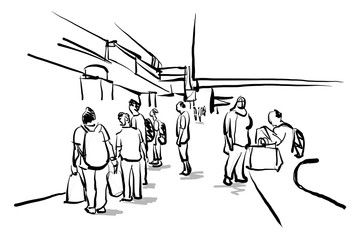 group of people walking in urban scene free hand sketch