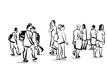 group of people walking isolated on white free hand sketch