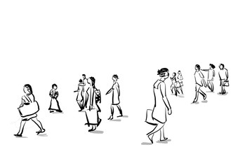 group of people walking free hand sketch