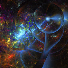 Flame and broken ice. Abstract fantasy shapes on black background. Computer-generated fractal in orange, blue, violet, rose and grey colors.