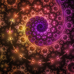 Abstract fantasy glowing spiral on black background. Computer-generated fractal in rose. violet, yellow and orange colors.