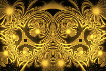 Stylized golden seeds on black background. Symmetrical pattern. Abstract fractal design in yellow and brown colors.