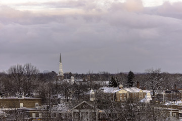 Cleveland winter evening with steeple in the background