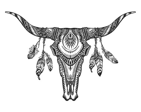 Vector tribal animal skull illustration with ethnic ornaments