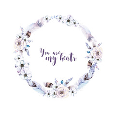 Watercolor floral wreath. Watercolour natural frame: leaves, fea