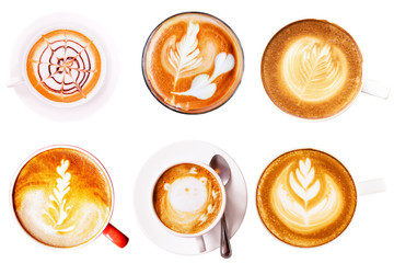 Collection of latte art coffee in cup on white background with clipping path each mug
