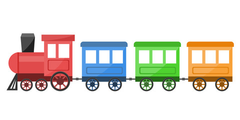 Colorful toy train on white background - obrazy, fototapety, plakaty