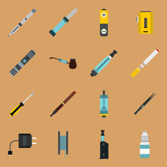 Vaping icons set in flat style on a sandy brown background. Electronic cigarette and accessories set collection vector illustration