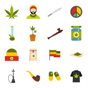 Rastafarian icons set in flat style. Marijuana smoking equipment set collection vector illustration