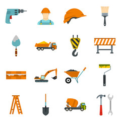 Construction icons set in flat style. Building tools set collection vector illustration