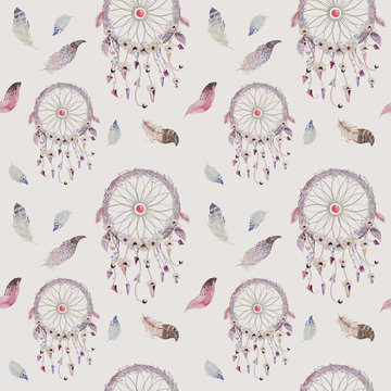 Dreamcatcher and feather pattern. Watercolor bohemian decoration