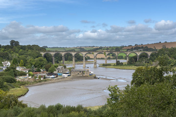 Naklejka premium St Germans viaduct with blue sky and clouds , Cornwall, UK