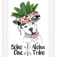 Vector close up portrait of pitbull dog, wearing the exotic flower crown. Boho chic
