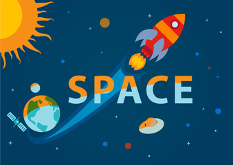 Obraz na płótnie Canvas Vector illustration rocket moving in space, start up concept, word design.