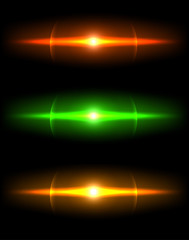 Realistic light glare sparkle, highlight set. Collection of beautiful bright lens flares. Lighting effects of flash.