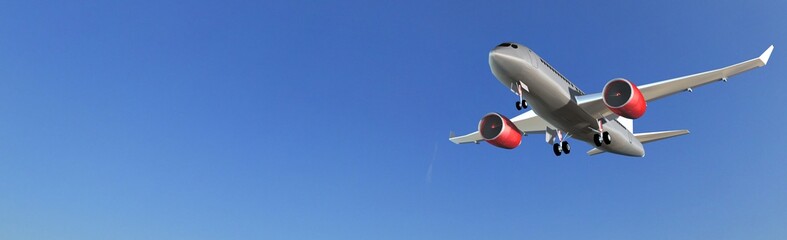 Modern Passenger airplane flight in blue sky panorama