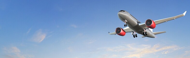 Modern Passenger airplane flight in blue sky panorama