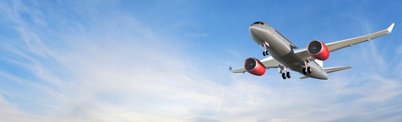 Naklejka na ściany i meble Modern Passenger airplane flight in blue sky panorama