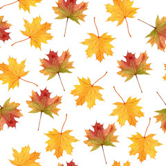 Naklejka na ściany i meble Autumn leaves seamless pattern, watercolor hand drawn elements, artwork for textile