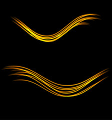 Magic glowing light swirl trail trace effect on black background. Glitter fire spark wave lines with flying