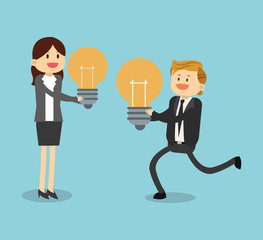 Businessman businesswoman cartoon and light bulb icon. Business and solution theme. Colorful design. Vector illustration