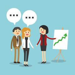 Businessman businesswoman cartoon bubbles and infographic icon. Business and solution theme. Colorful design. Vector illustration