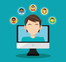 Computer man and media icon set. Social media and network theme. Colorful design. Vector illustration