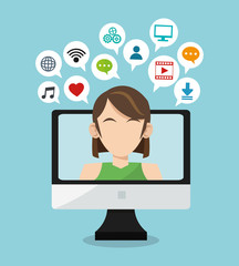 Computer woman and media icon set. Social media and network theme. Colorful design. Vector illustration