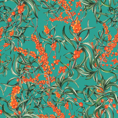 Seamless pattern of watercolor sea buckthorn