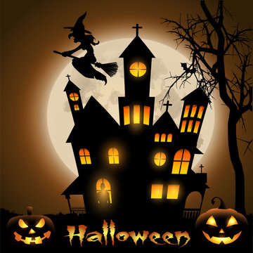 Halloween,летящая ведьма на метле на фоне замка освещенного луной 
