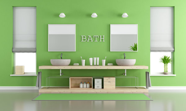 Green and gray contemporary bathroom with washbasins