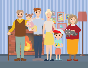 Big modern family at home near fireplace vector illustration. Big family with children, parents, grandparents. Room with photographs on the wall.
