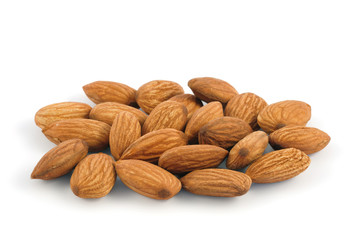 Pile of almonds isolated on white background
