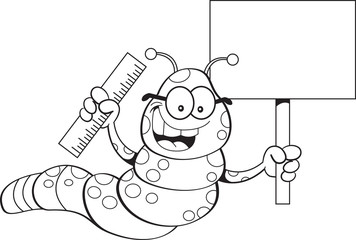 Black and white illustration of an inchworm holding a sign and a ruler.